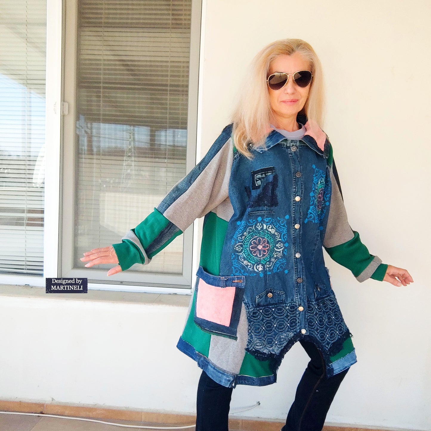Plus Size Upcycled Denim Patchwork Jacket, 3XL Boho Festival Duster Coat