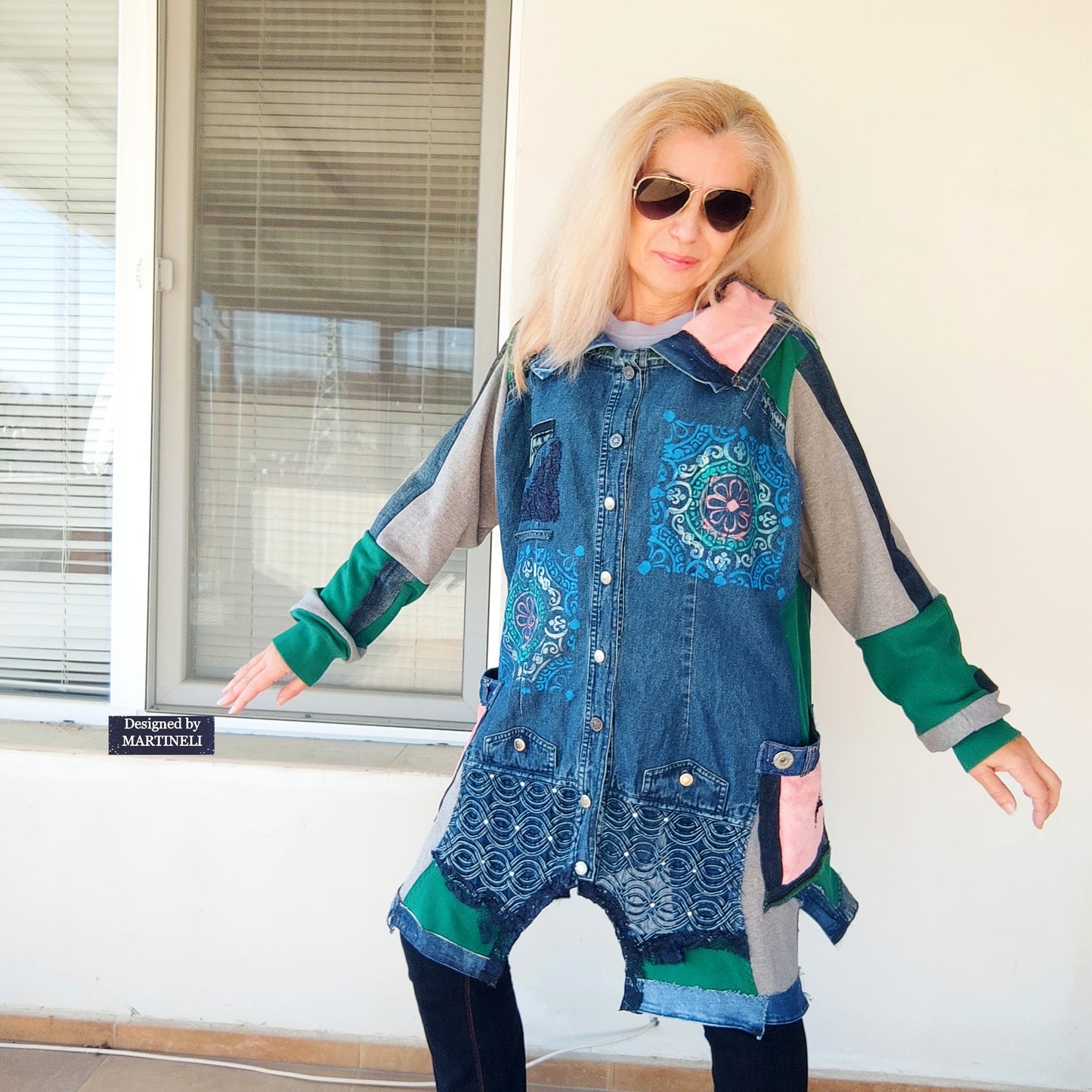Plus Size Upcycled Denim Patchwork Jacket, 3XL Boho Festival Duster Coat