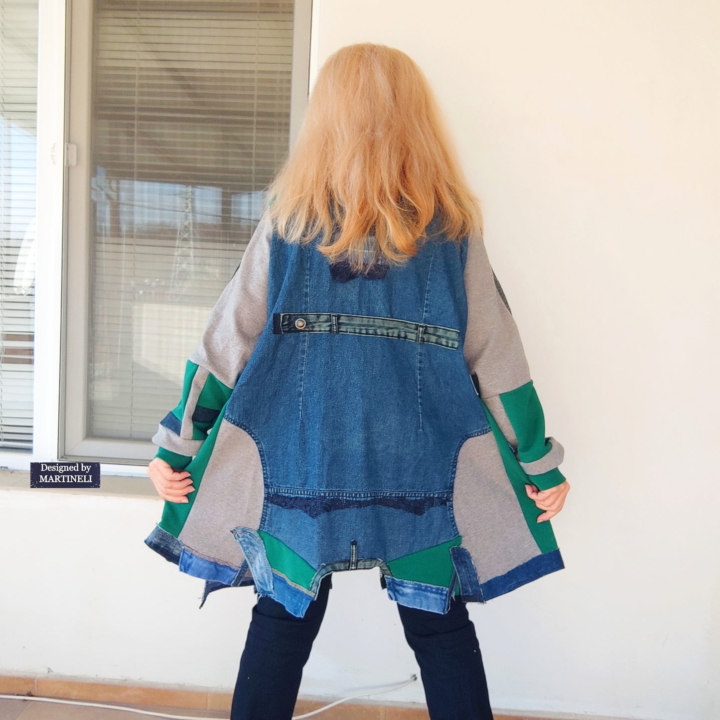 Plus Size Upcycled Denim Patchwork Jacket, 3XL Boho Festival Duster Coat