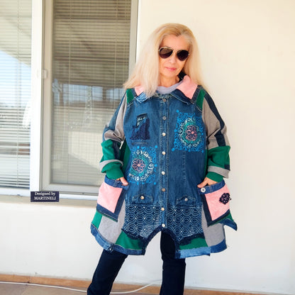 Plus Size Upcycled Denim Patchwork Jacket, 3XL Boho Festival Duster Coat