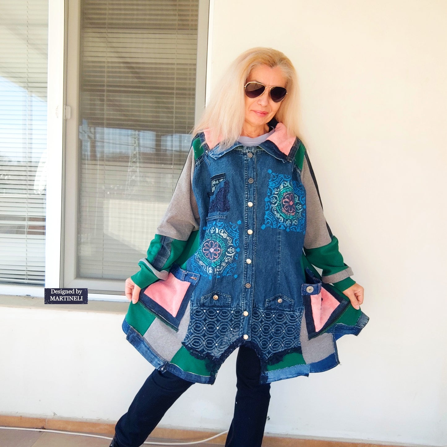 Plus Size Upcycled Denim Patchwork Jacket, 3XL Boho Festival Duster Coat