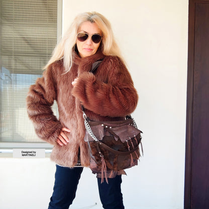 Brown Leather Shoulder Bag Luxury Hair-On Leather Bag Stylish Bag Women