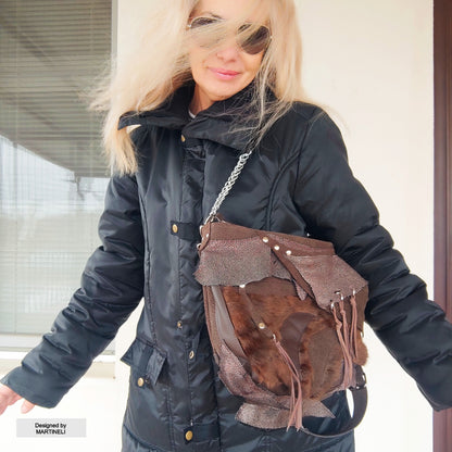 Brown Leather Shoulder Bag Luxury Hair-On Leather Bag Stylish Bag Women