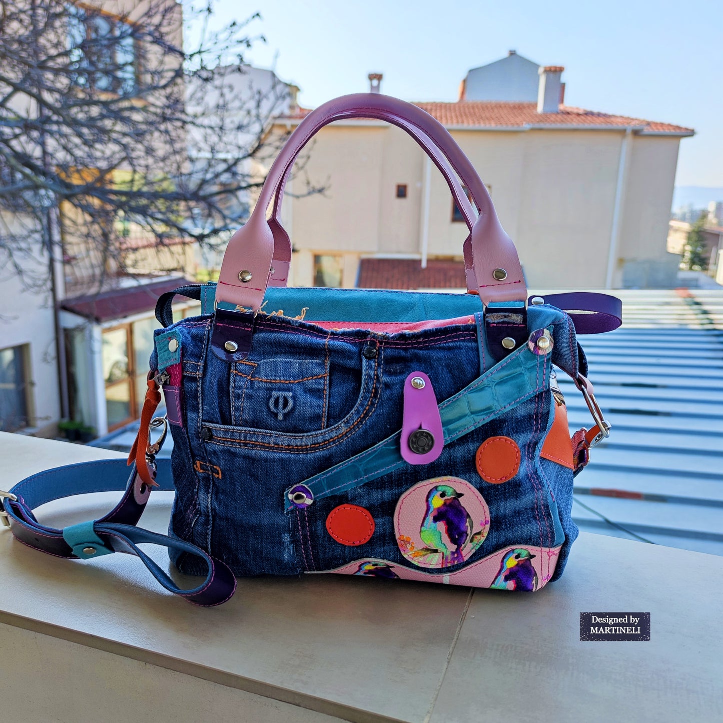 Pink Leather Shoulder Bag Luxury Birds hand Bag Boho Denim Bag