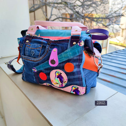 Pink Leather Shoulder Bag Luxury Birds hand Bag Boho Denim Bag