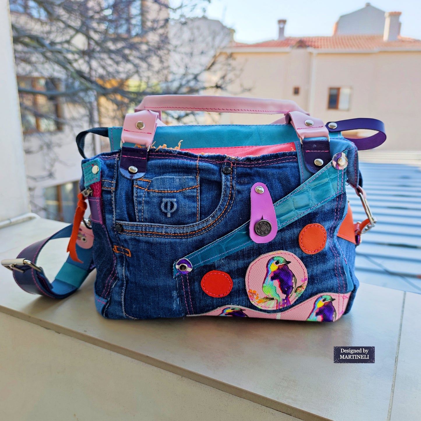 Pink Leather Shoulder Bag Luxury Birds hand Bag Boho Denim Bag