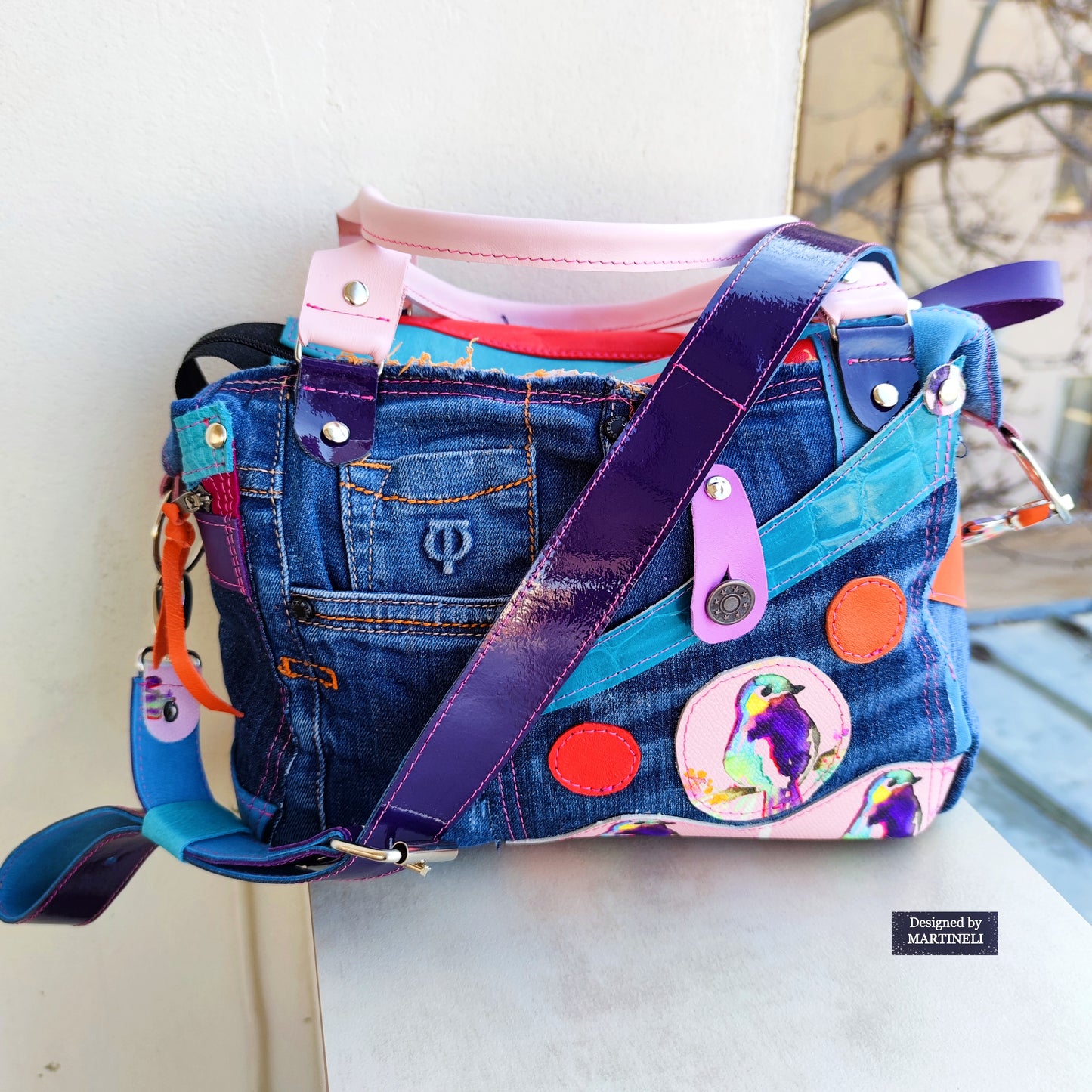 Pink Leather Shoulder Bag Luxury Birds hand Bag Boho Denim Bag