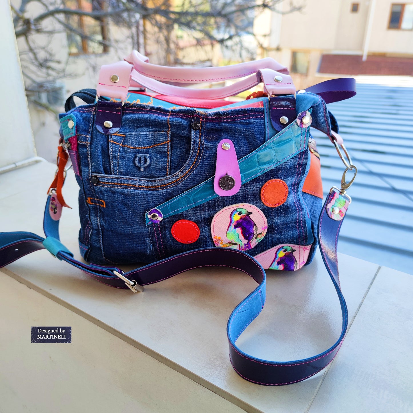 Pink Leather Shoulder Bag Luxury Birds hand Bag Boho Denim Bag
