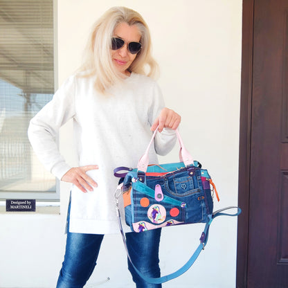 Pink Leather Shoulder Bag Luxury Birds hand Bag Boho Denim Bag