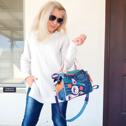 Pink Leather Shoulder Bag Luxury Birds hand Bag Boho Denim Bag