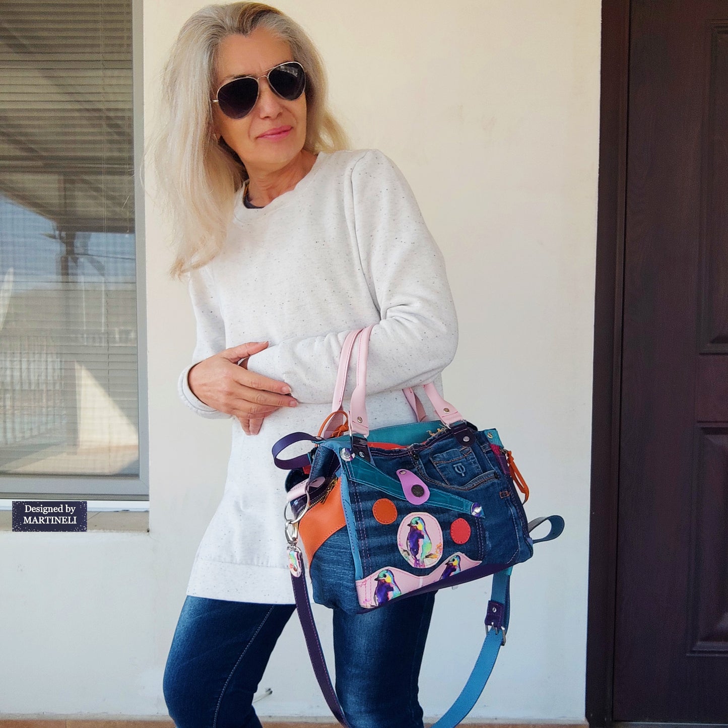 Pink Leather Shoulder Bag Luxury Birds hand Bag Boho Denim Bag