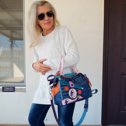 Pink Leather Shoulder Bag Luxury Birds hand Bag Boho Denim Bag