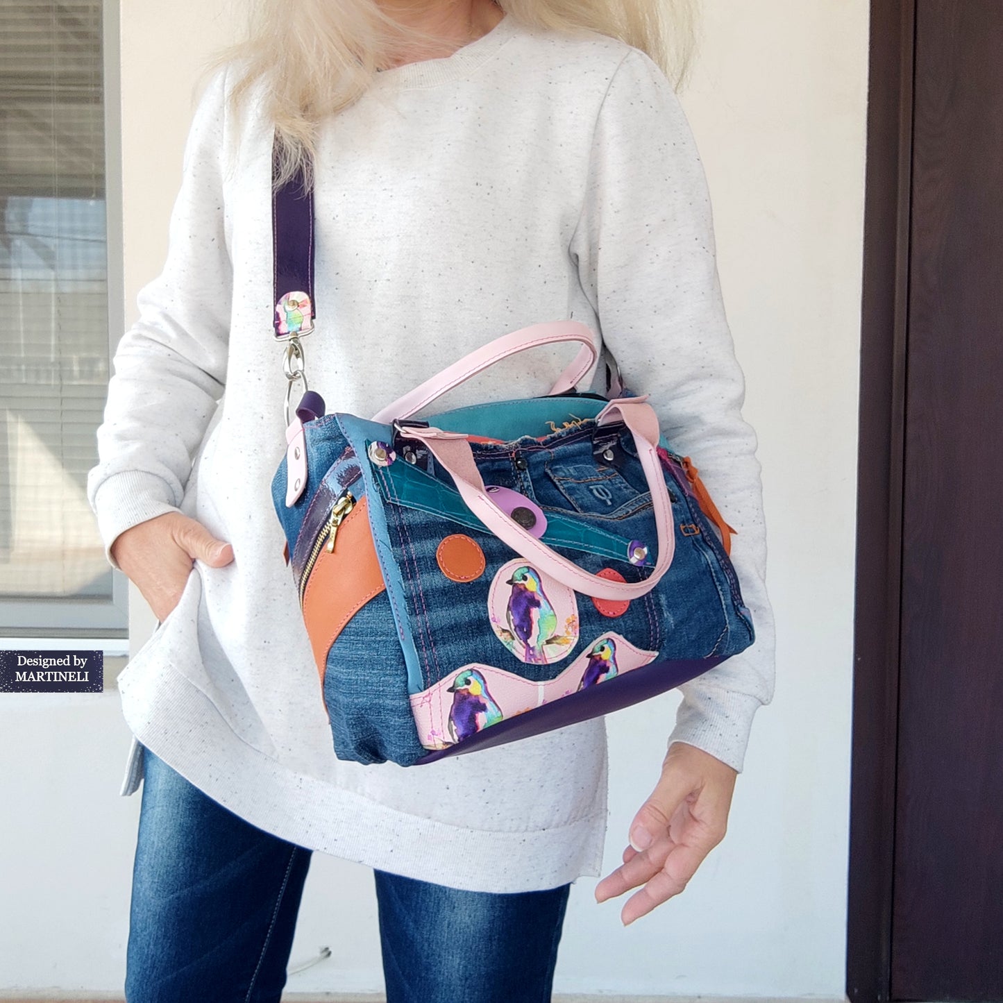 Pink Leather Shoulder Bag Luxury Birds hand Bag Boho Denim Bag