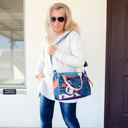 Pink Leather Shoulder Bag Luxury Birds hand Bag Boho Denim Bag