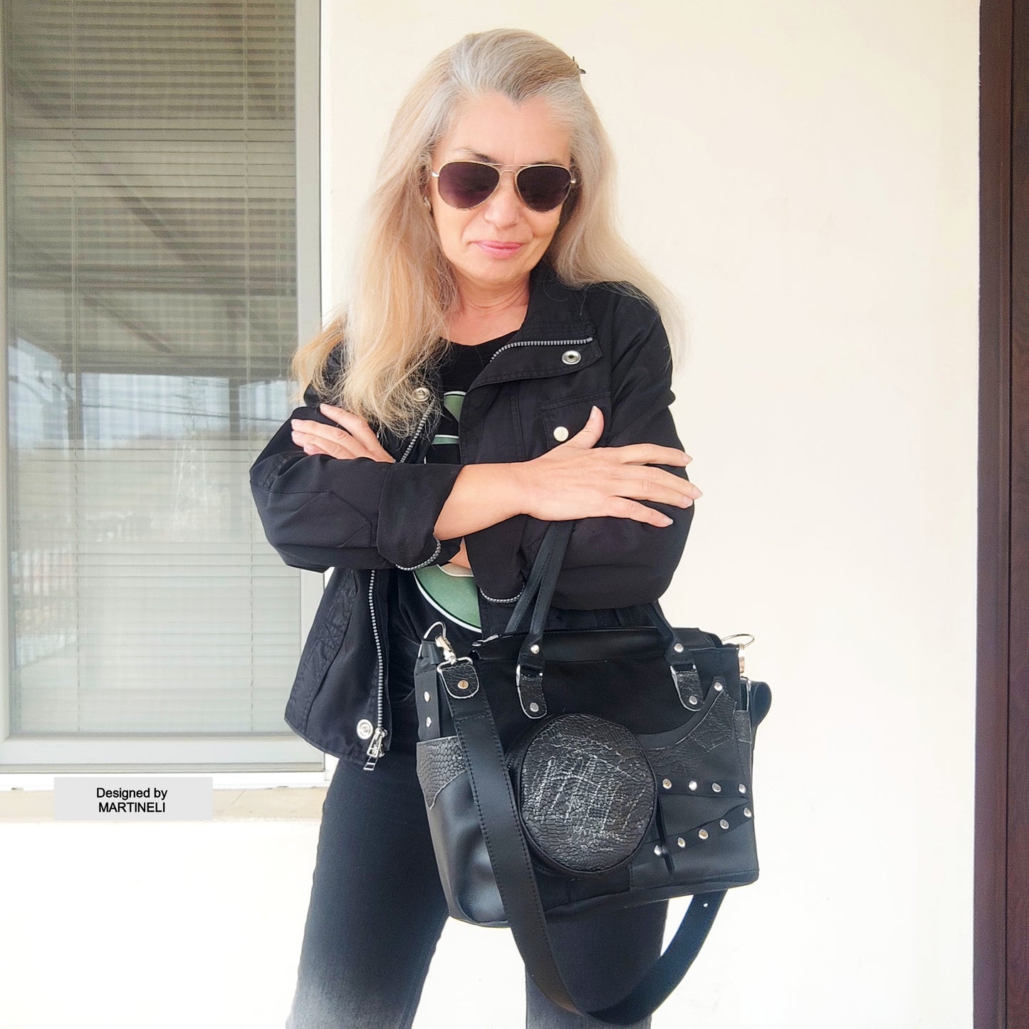 Black Leather Shoulder Bag Luxury Canvas Bag Gothic Style Grunge Bag