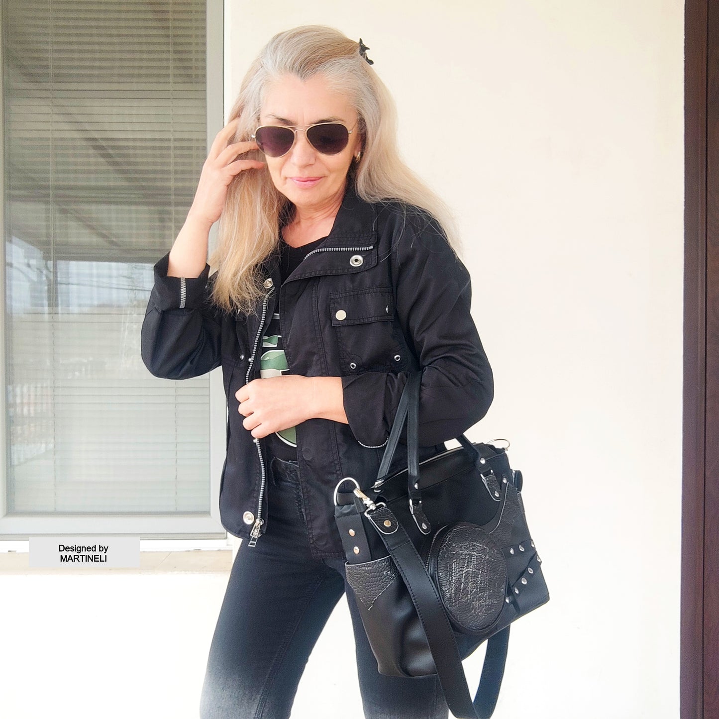 Black Leather Shoulder Bag Luxury Canvas Bag Gothic Style Grunge Bag