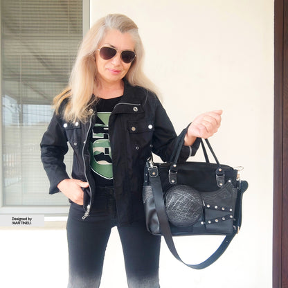 Black Leather Shoulder Bag Luxury Canvas Bag Gothic Style Grunge Bag