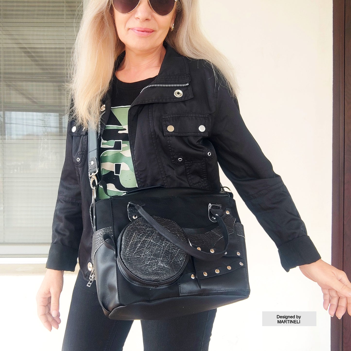 Black Leather Shoulder Bag Luxury Canvas Bag Gothic Style Grunge Bag
