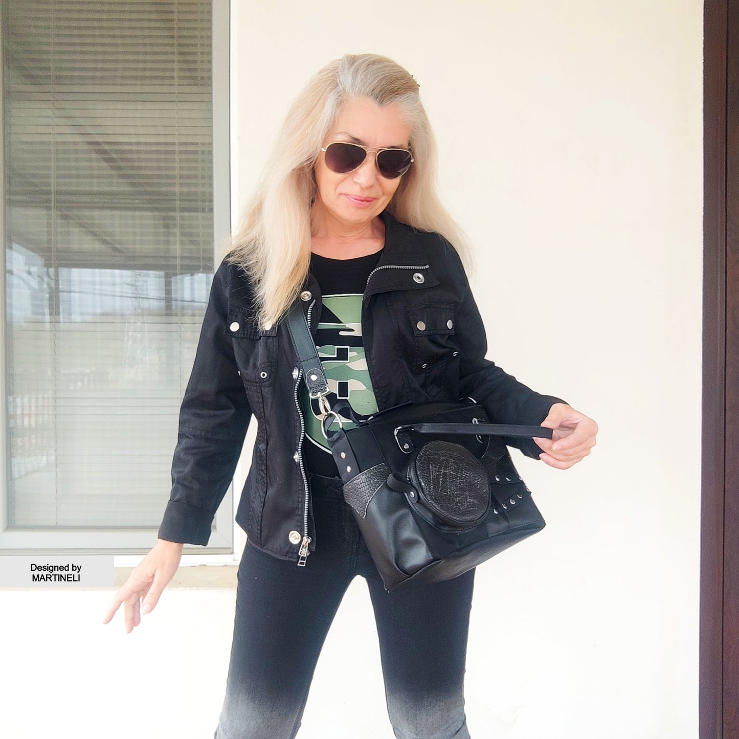 Black Leather Shoulder Bag Luxury Canvas Bag Gothic Style Grunge Bag