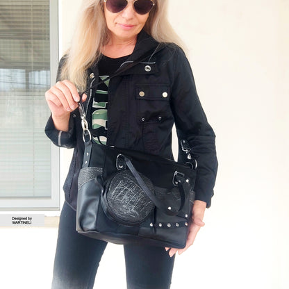 Black Leather Shoulder Bag Luxury Canvas Bag Gothic Style Grunge Bag
