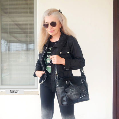 Black Leather Shoulder Bag Luxury Canvas Bag Gothic Style Grunge Bag