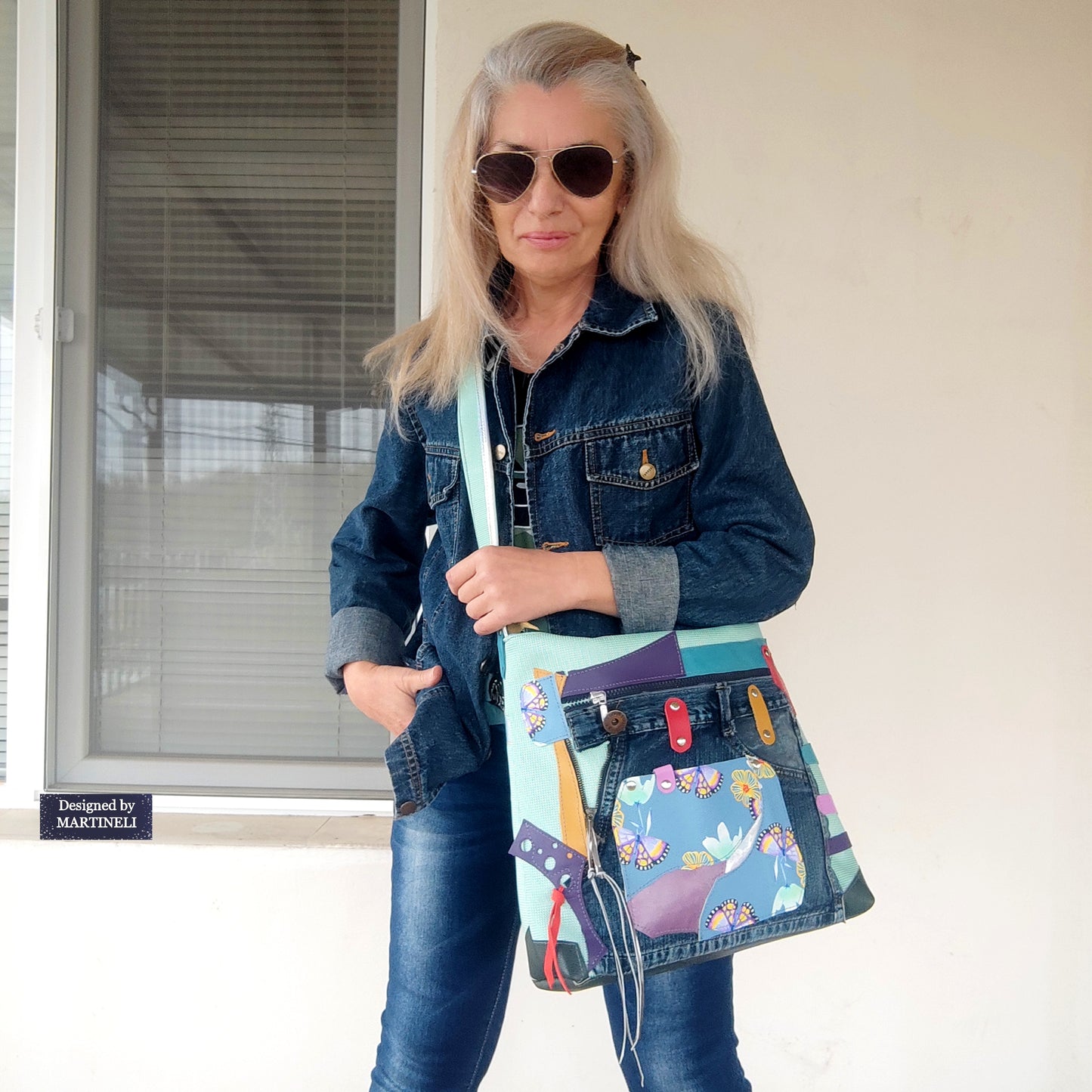 Colorful Leather Shoulder Bag Green Canvas Crossbody Bag Large Boho Floral Bag