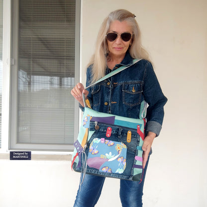 Colorful Leather Shoulder Bag Green Canvas Crossbody Bag Large Boho Floral Bag