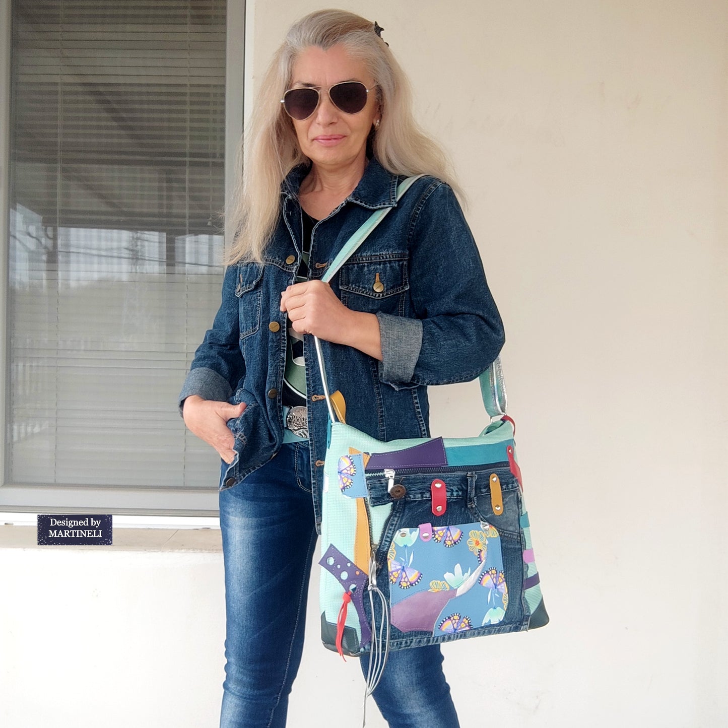 Colorful Leather Shoulder Bag Green Canvas Crossbody Bag Large Boho Floral Bag