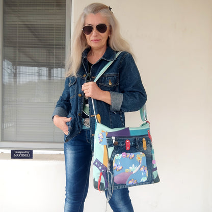 Colorful Leather Shoulder Bag Green Canvas Crossbody Bag Large Boho Floral Bag