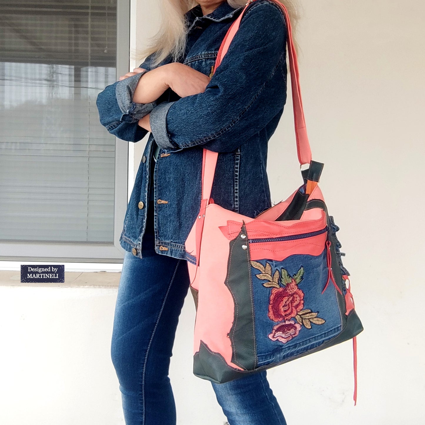 Colorful Leather Shoulder Bag Large Denim Purse Bag Pink Canvas Bag