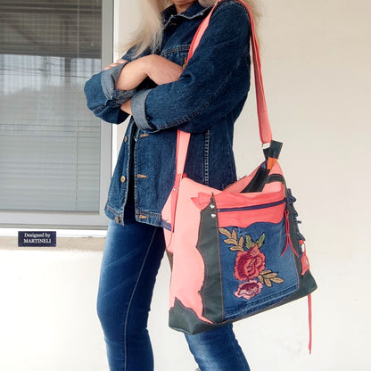 Colorful Leather Shoulder Bag Large Denim Purse Bag Pink Canvas Bag