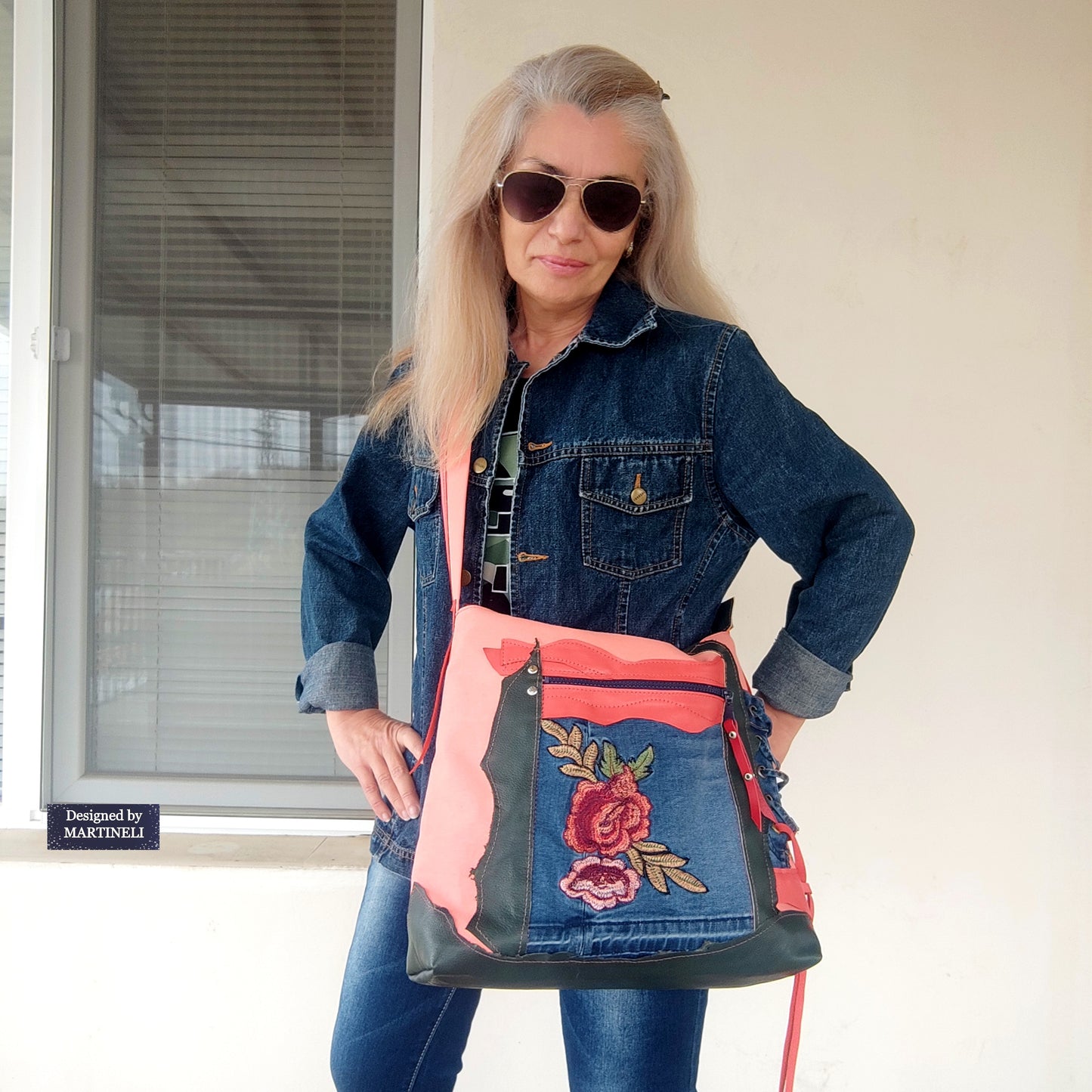 Colorful Leather Shoulder Bag Large Denim Purse Bag Pink Canvas Bag