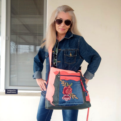 Colorful Leather Shoulder Bag Large Denim Purse Bag Pink Canvas Bag