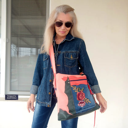 Colorful Leather Shoulder Bag Large Denim Purse Bag Pink Canvas Bag