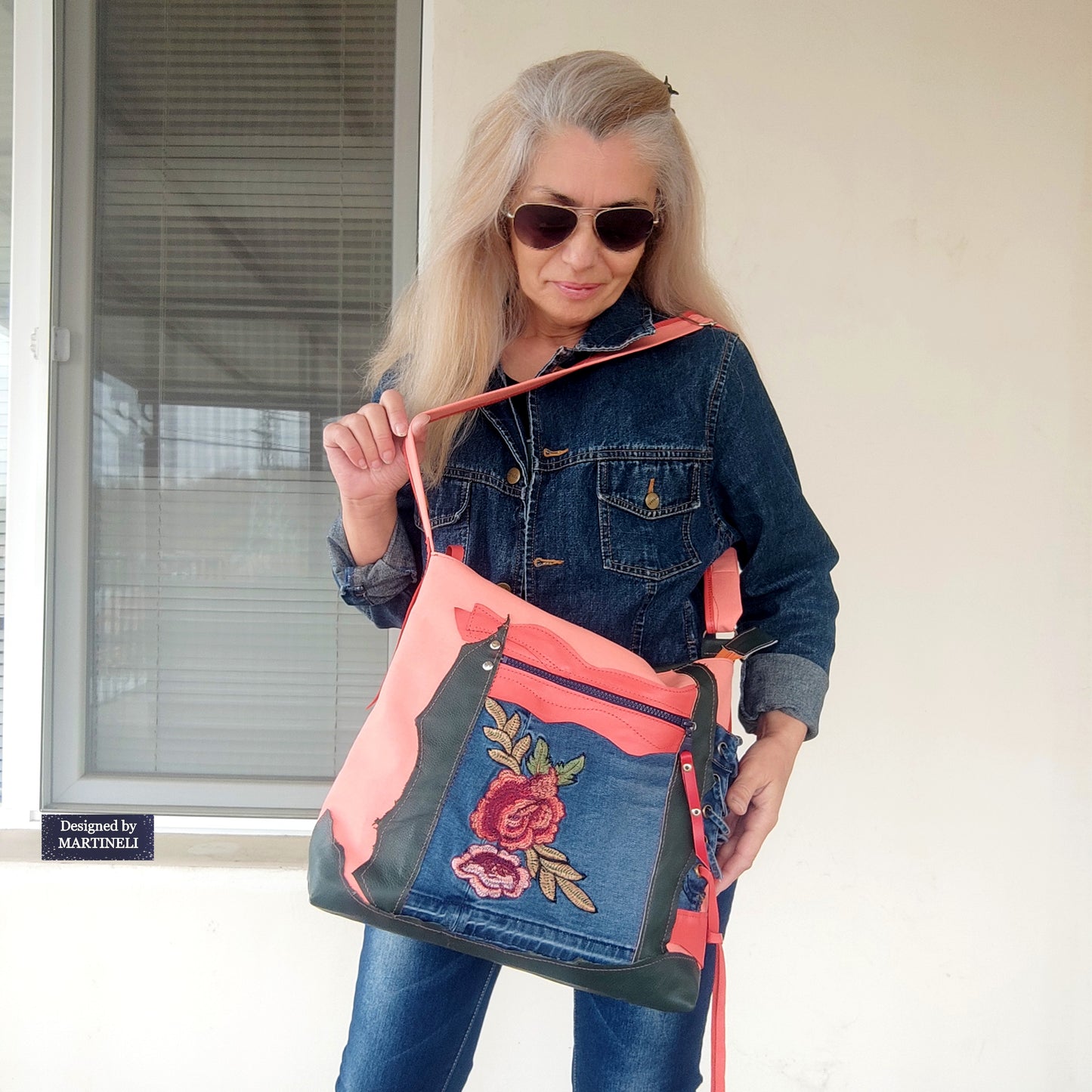Colorful Leather Shoulder Bag Large Denim Purse Bag Pink Canvas Bag