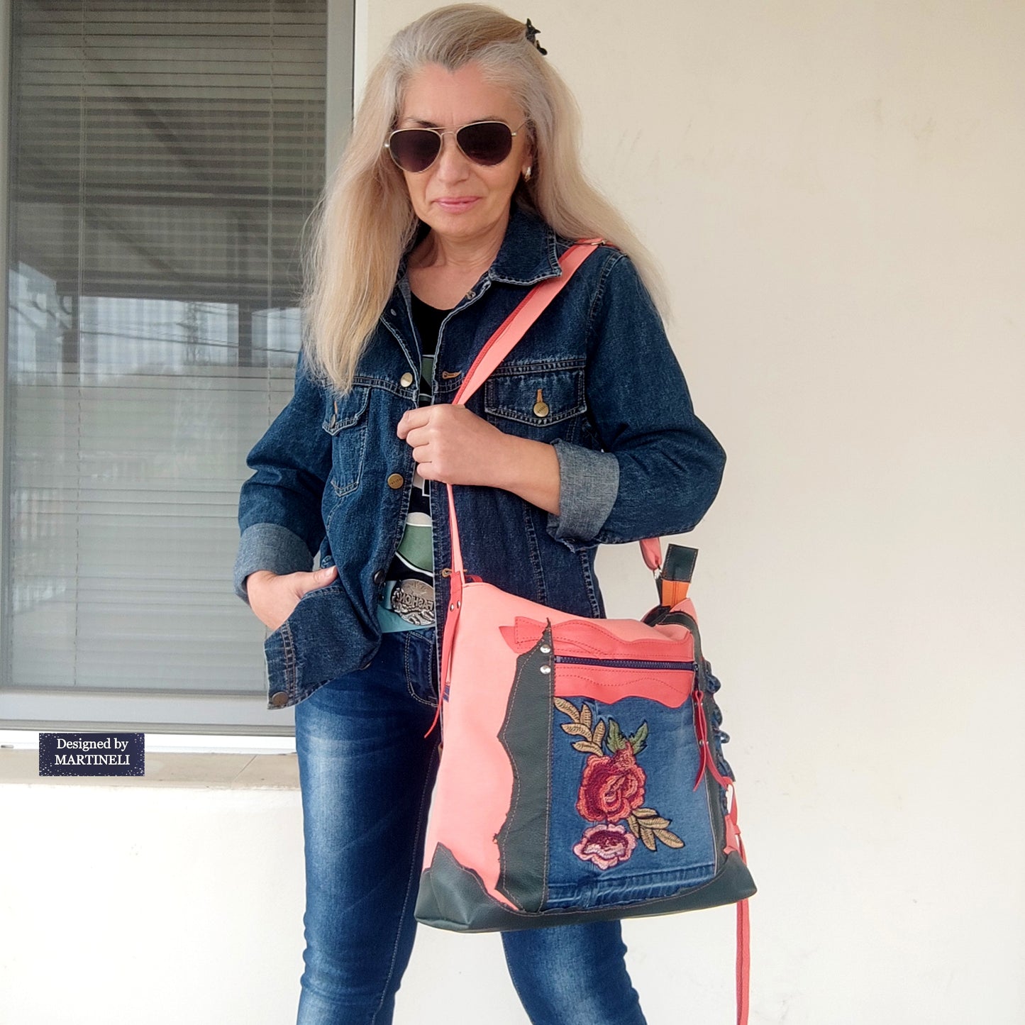 Colorful Leather Shoulder Bag Large Denim Purse Bag Pink Canvas Bag