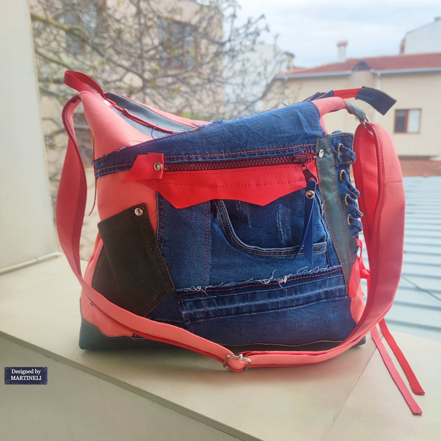 Colorful Leather Shoulder Bag Large Denim Purse Bag Pink Canvas Bag