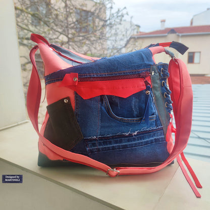 Colorful Leather Shoulder Bag Large Denim Purse Bag Pink Canvas Bag