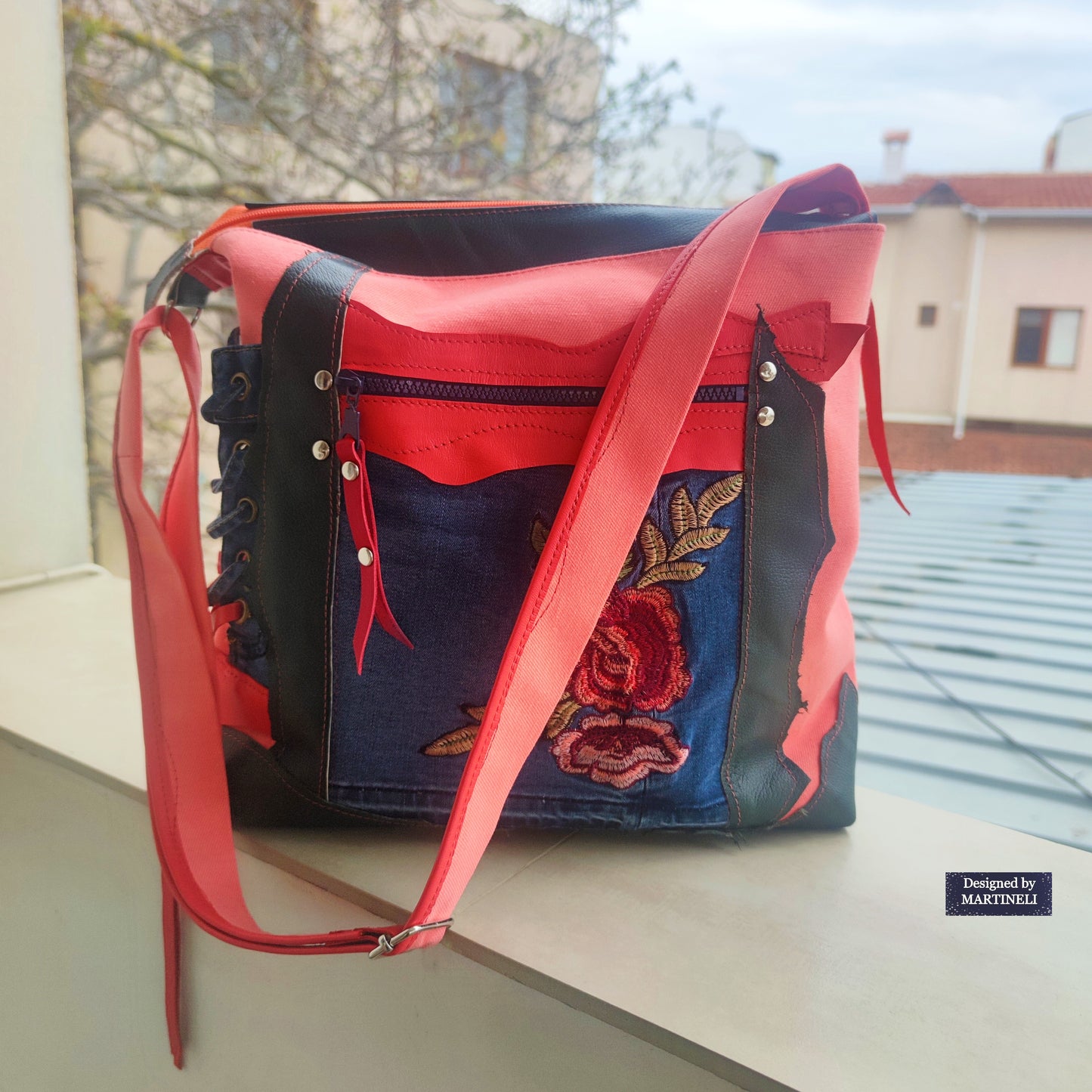 Colorful Leather Shoulder Bag Large Denim Purse Bag Pink Canvas Bag