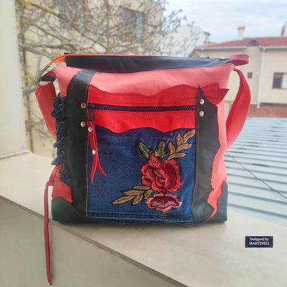 Colorful Leather Shoulder Bag Large Denim Purse Bag Pink Canvas Bag
