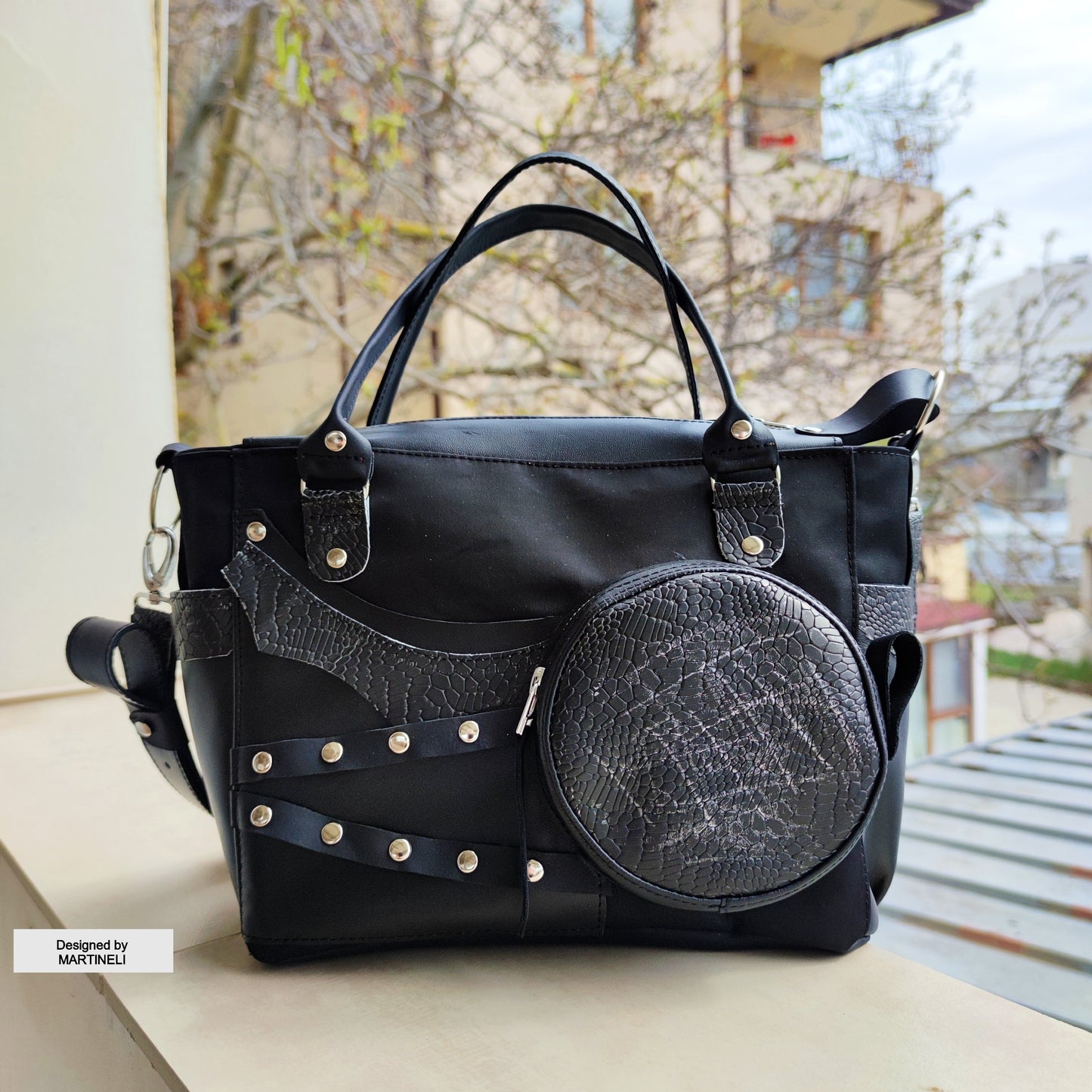 Black Leather Shoulder Bag Luxury Canvas Bag Gothic Style Grunge Bag