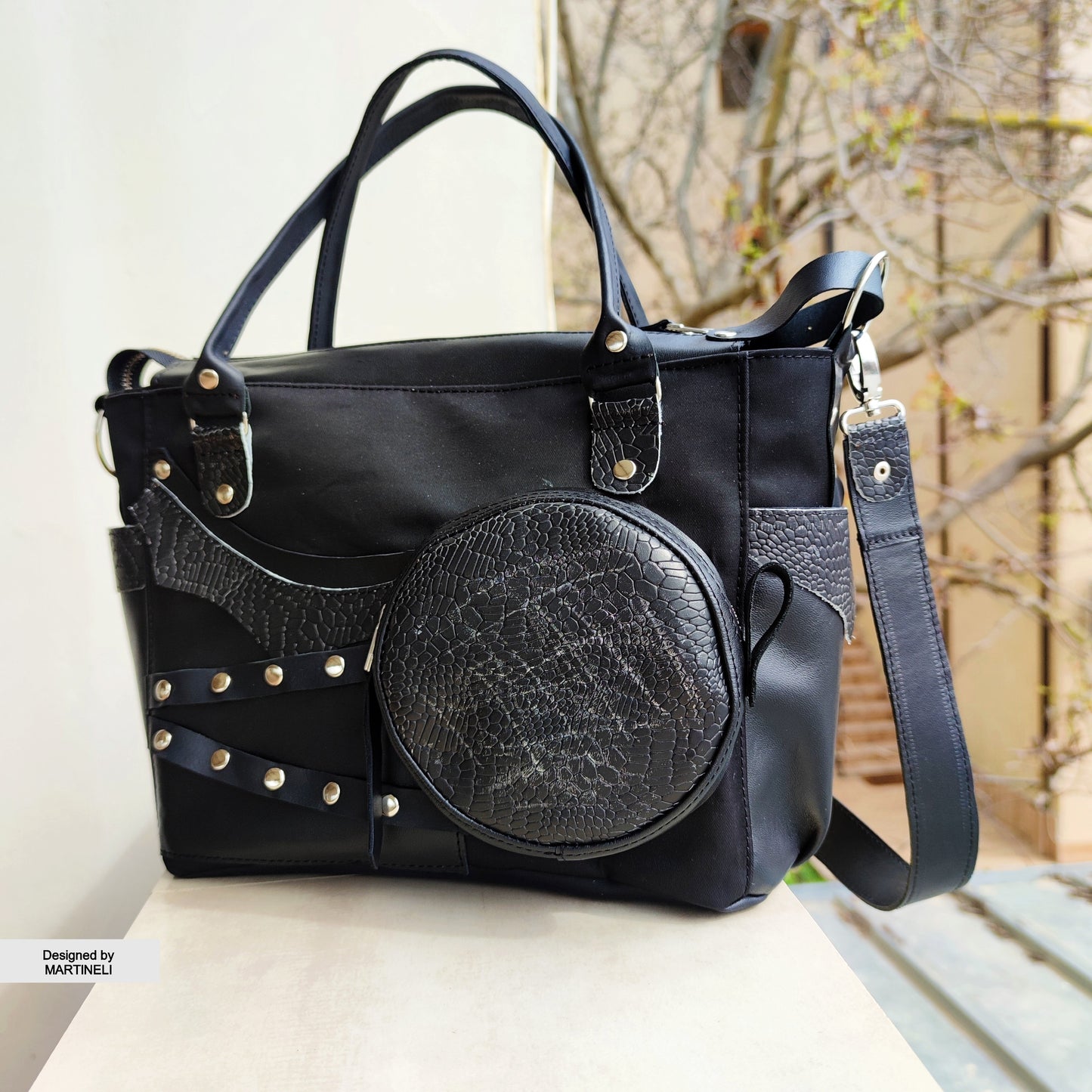Black Leather Shoulder Bag Luxury Canvas Bag Gothic Style Grunge Bag