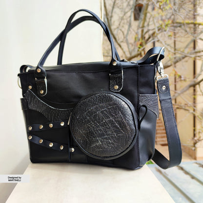 Black Leather Shoulder Bag Luxury Canvas Bag Gothic Style Grunge Bag