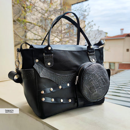 Black Leather Shoulder Bag Luxury Canvas Bag Gothic Style Grunge Bag