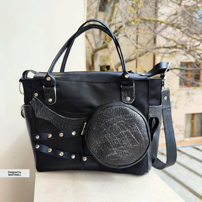 Black Leather Shoulder Bag Luxury Canvas Bag Gothic Style Grunge Bag