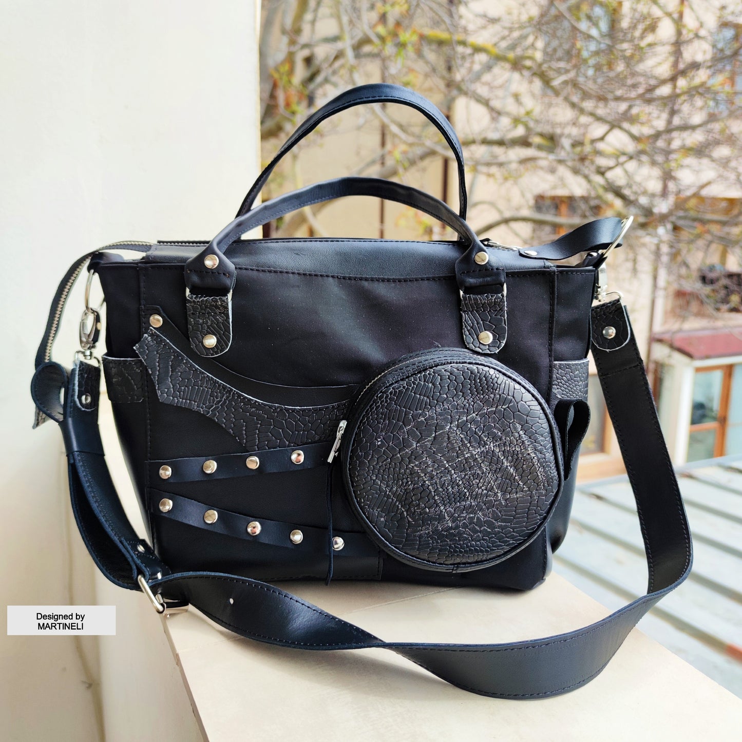 Black Leather Shoulder Bag Luxury Canvas Bag Gothic Style Grunge Bag
