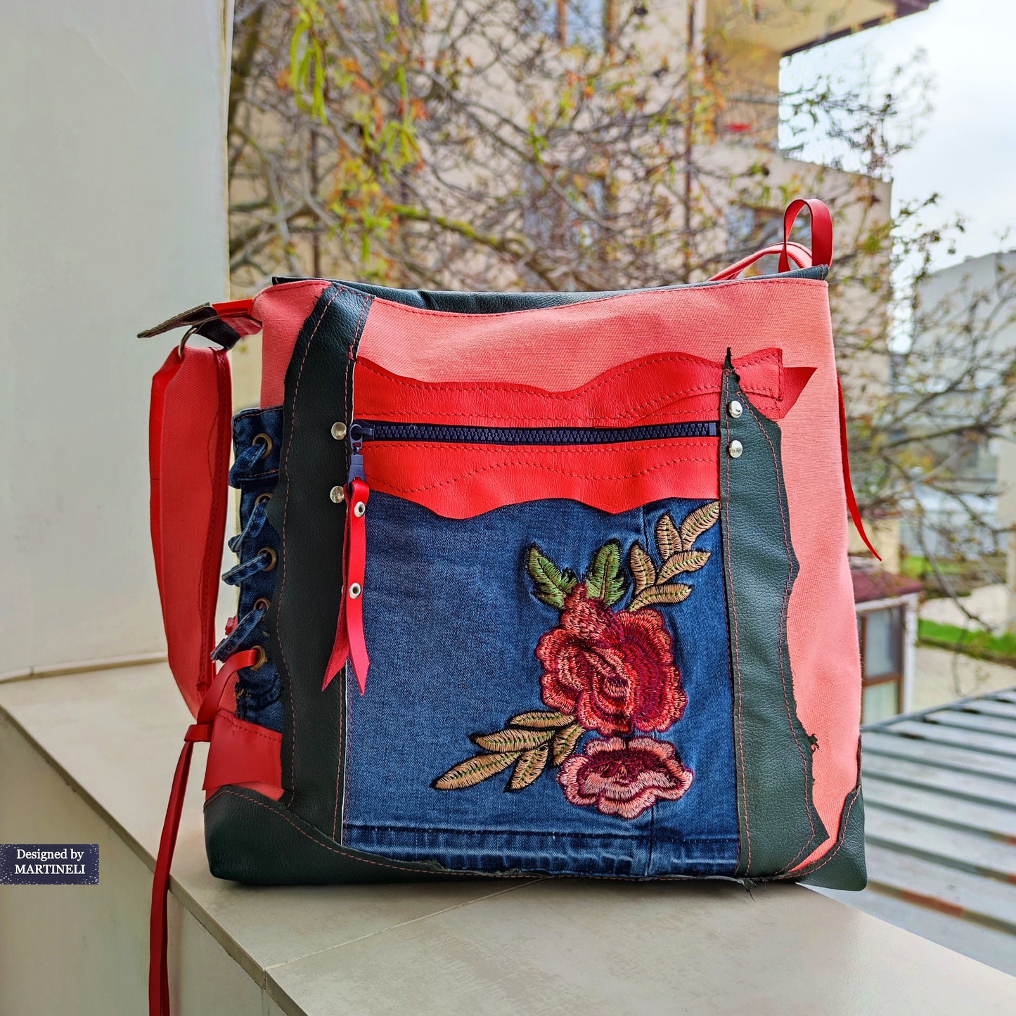 Colorful Leather Shoulder Bag Large Denim Purse Bag Pink Canvas Bag