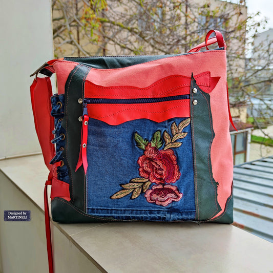 Colorful Leather Shoulder Bag Large Denim Purse Bag Pink Canvas Bag