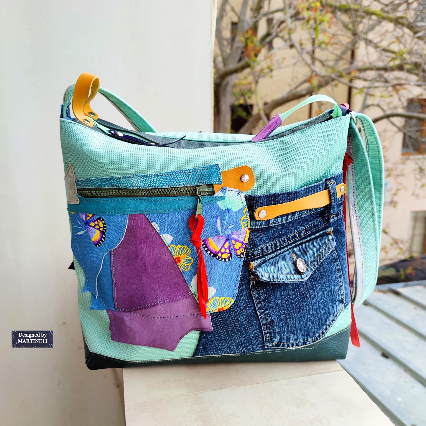 Colorful Leather Shoulder Bag Green Canvas Crossbody Bag Large Boho Floral Bag
