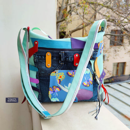Colorful Leather Shoulder Bag Green Canvas Crossbody Bag Large Boho Floral Bag